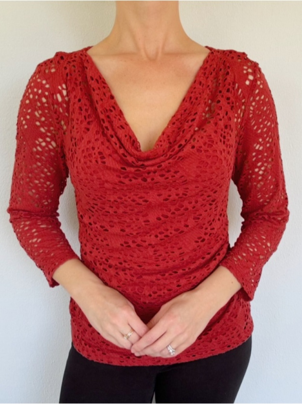 Lark Lane burnt orange cut out lace layered cowl neck blouse size medium